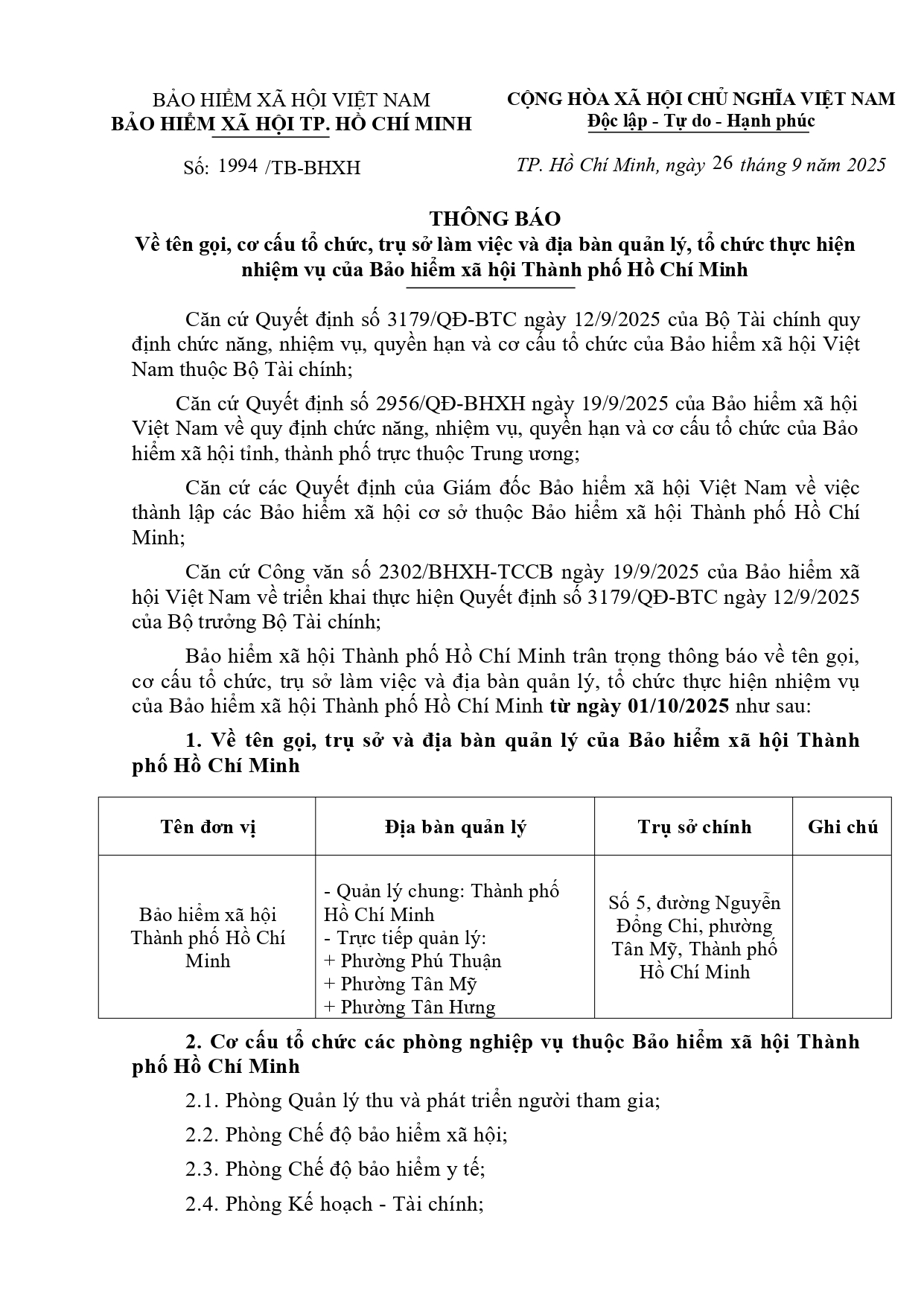 1994 tb bhxh về tên gọi, cơ cấu tổ chức, trụ sở làm việc và địa bàn quản lý của bhxh tphcm vÀ bhxh cơ sở page 0001